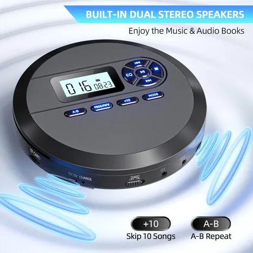 Miniatura 2 de DESOBRY Reproductor de CD portátil con altavoces y transmisor FM, reproductor de CD compacto recargable para coche batería integrada de 2000 mAh