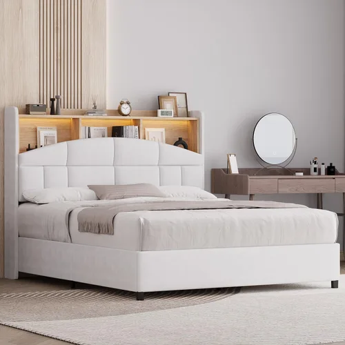Miniatura 9 de REVOMINCA Base de cama de tamaño matrimonial con cabecero, base de cama tapizada de terciopelo con luces LED, plataforma de tamaño matrimonial