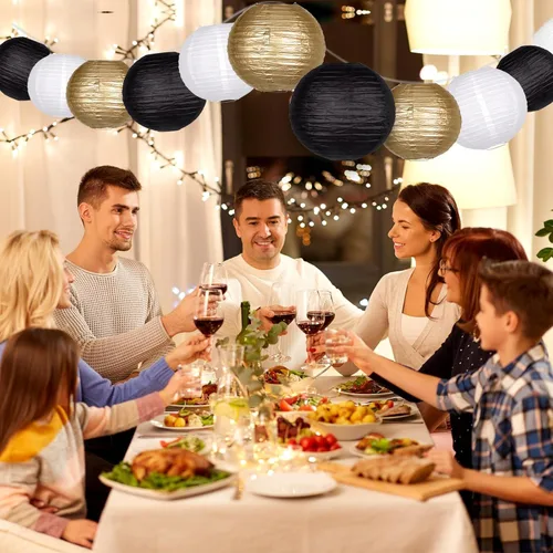 Miniatura 4 de 15 linternas de papel negras y doradas, redondas, colgantes, chinas, de 4, 6, 8, 10, 12 pulgadas, para despedida de soltera, compromiso, boda, bebé