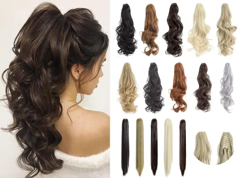 Miniatura 11 de Felendy Extensión de cola de caballo de 18 pulgadas, mezcla de rubio ceniza, marrón oscuro, rizado, ondulado, con clip, extensiones de cabello largo
