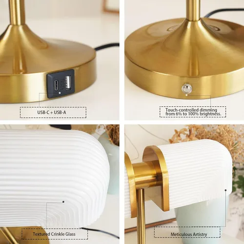 Miniatura 4 de Lámpara de escritorio vintage de vidrio de leche para banqueros, lámpara de noche regulable con control táctil con puertos de carga USB A+C