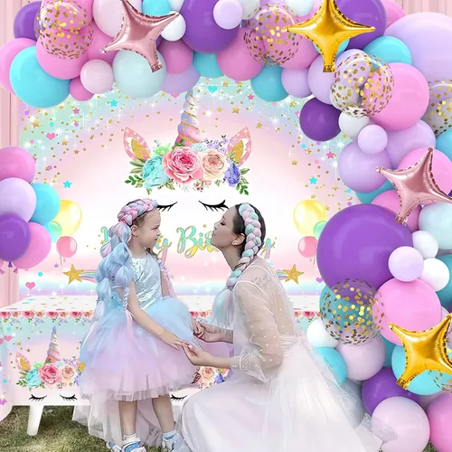 Miniatura 5 de Decoraciones de cumpleaños de unicornio para niñas, 118 piezas, suministros de fiesta temática de unicornio con kit de arco de guirnalda de globos