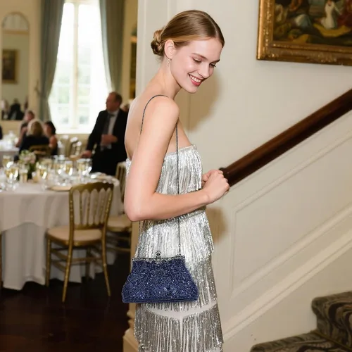 Miniatura 8 de Bolso de mano de Selighting, con cuentas, estilo de los años 1920, para mujer, formal, para novia, de boda, de graduación, elegante, para fiesta