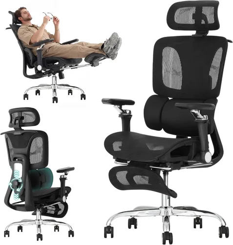 Silla de oficina ergonómica con soporte lumbar dinámico de 3 zonas, silla de oficina de malla grande y alta con reposapiés, profundidad de asiento