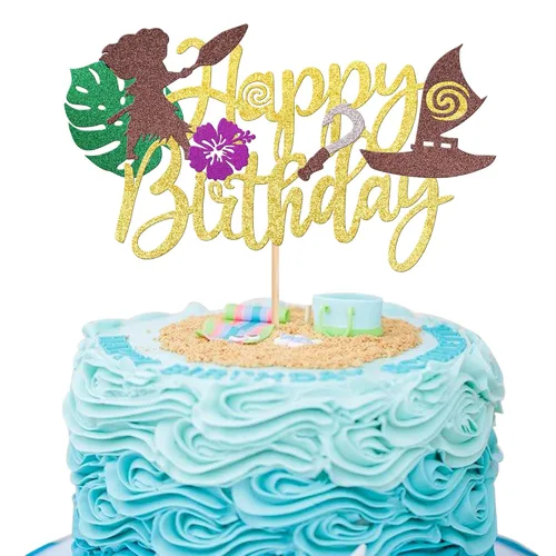 1 pieza de decoración de pastel de feliz cumpleaños Moana con purpurina de hoja de palma, flor de moana, selección de pastel tropical hawaiano Luau
