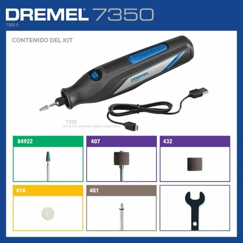 Miniatura 3 de Dremel 7350 Kit de herramientas rotativas inalámbricas de 4 V con 5 accesorios y batería recargable USB-C, velocidad única para tallar, grabar