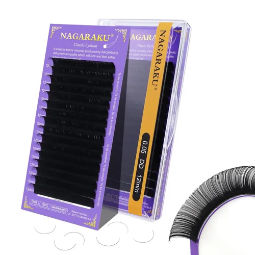 Miniatura 285 de NAGARAKU Extensiones de pestañas, pestañas individuales, 0.05mm, rizo D, 15mm, clásico, negro mate, suave, natural, profesional, 16 filas, 0.05-D