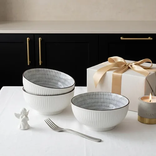 Miniatura 9 de QINLANG Juego de 3 cuencos grandes de sopa Pho & Ramen, 60 onzas, cuencos grandes de porcelana azul y blanca, patrón a rayas