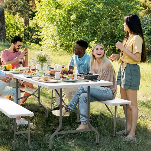 Miniatura 9 de VINGLI Juego de mesa de picnic con 2 bancos, juego de sillas de mesa de campamento de 6 pies, material HDPE resistente con marco de metal, muebles