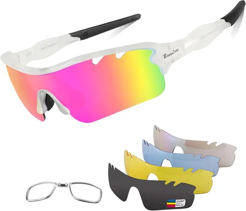 BangLong Polarized Sports Sunglasses Cycling Sun Glasses for Men Women with 5 Interchangeable Lenes for Running Driving Transparente Arena+rosa