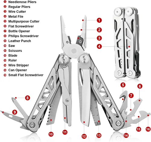 Miniatura 7 de FLYHOMES Cuchillo de bolsillo multiherramienta, alicates multiherramienta 16 en 1 con bloqueo de seguridad, tijeras, destornillador y sierra