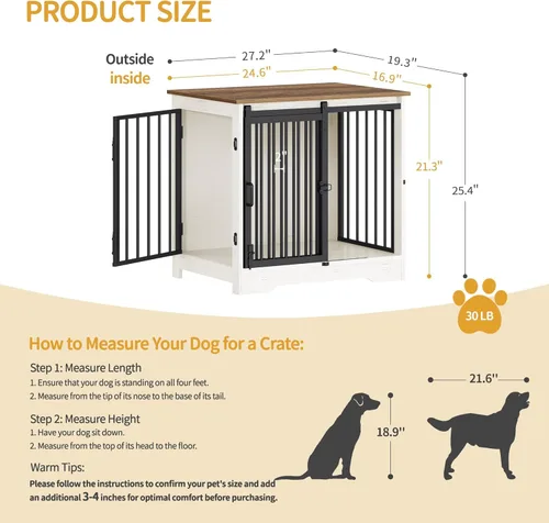 Miniatura 3 de Hzuaneri Mueble de jaula para perros de 27.2 pulgadas con puerta de granero, perrera resistente para interiores con 2 puertas, mesa auxiliar