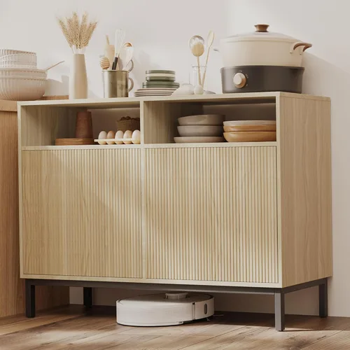 Miniatura 10 de Mericonia Aparador Buffet de Granja con Almacenamiento, Barra de Café Acanalada con Puertas y Estantes Ajustables, Gabinete de Consola de Madera A