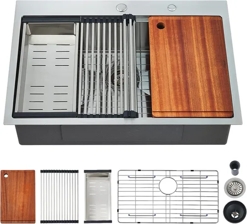 Miniatura 18 de Fregadero de cocina con plato individual con tabla de cortar, 30 x 22 x 10 pulgadas, color negro plomizo, acero inoxidable calibre 16 Negro