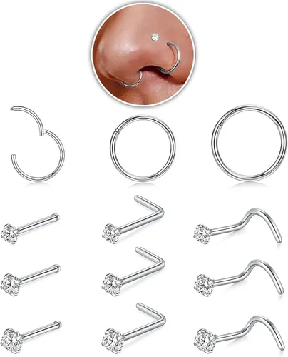 Miniatura 17 de Nose Rings Hoop and Nose Studs Sets for Women Men,Hypoallergenic 316L Surgical Stainless Steel Hinged Clicker Segment Nose Rings Hoop Helix