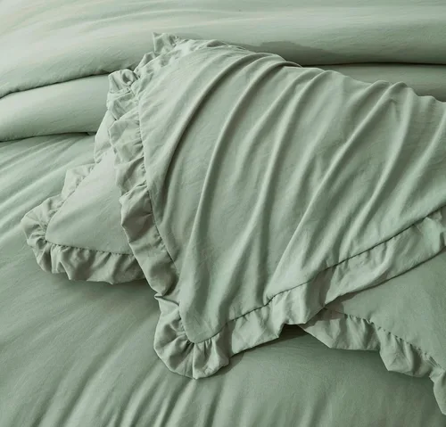 Miniatura 4 de Chezmoi Collection - Juego de edredón Nora de color verde saúco con volantes, tamaño Queen extragrande, 3 piezas, ropa de cama ligera y suave lavada