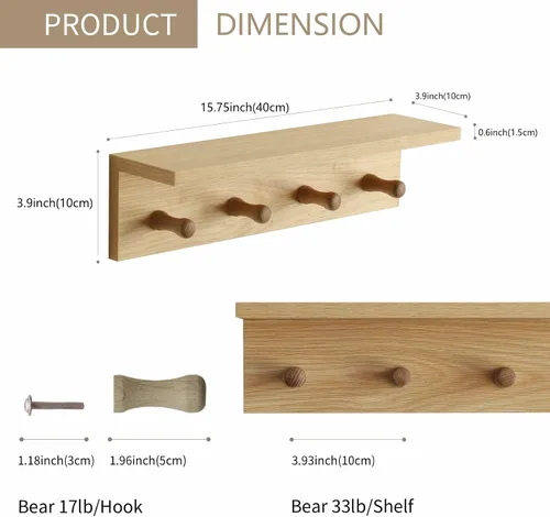 Miniatura 2 de Perchero de pared con estante, estante flotante de madera resistente con ganchos para ahorrar espacio interior, organizador de pared adecuado