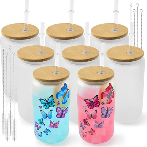 Joyclub Paquete de 8 vasos de vidrio en blanco para sublimación con tapas y pajitas de bambú, latas de cerveza de vidrio esmerilado de 16 onzas,
