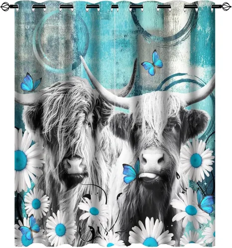 Miniatura 25 de Cortinas opacas con ojales de arte abstracto y moderno para dormitorio, diseño de grafiti de acuarela, margaritas geométricas, yak, mariposas