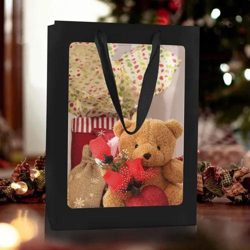 Miniatura 5 de BallHull 12 bolsas de regalo de papel kraft negro con ventana transparente, bolsas de compras kraft de 9.84"x7.0"x5.12" con asas para ramos