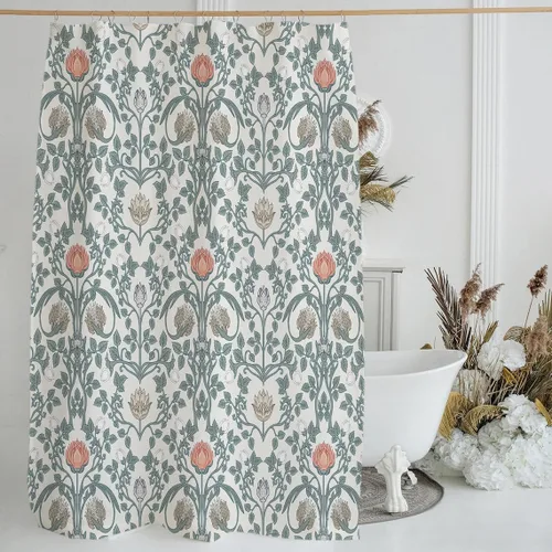 Juego de cortinas de ducha con diseño floral de damasco, cortina de baño rústica con flores vintage para baño, cortina de poliéster de tela