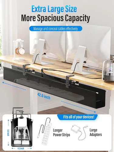 Miniatura 8 de Cinati - Bandeja grande de organización de cables para debajo del escritorio, organizador de cables para debajo del escritorio, sin taladros, Negro