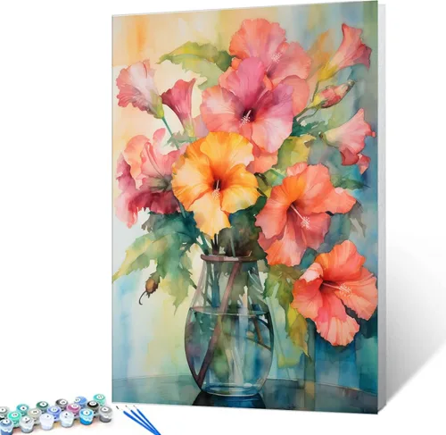 Miniatura 18 de Tucocoo Kits de pintura floral de amapola por números con pinceles y pigmento acrílico sobre lienzo para adultos, hermosos jarrones, flores, Obras