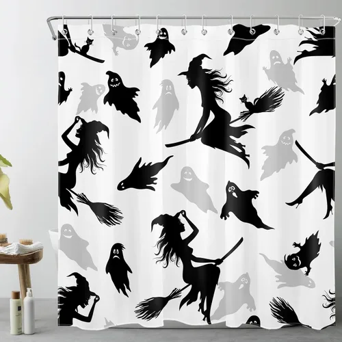 Miniatura 20 de LB Cortina de ducha espeluznante de Halloween, lindo fantasma en flores, árbol negro, luna llena, cortinas de ducha para baño, tela de poliéster