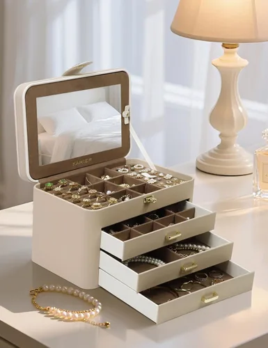 Miniatura 8 de KAMIER Caja organizadora de joyas, organizador de joyas de 4 capas con espejo, 3 cajones, caja de joyería grande para pulseras, aretes, anillos