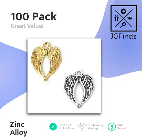 Miniatura 3 de JGFinds Dije de alas de ángel, paquete de 100 (50 plateadas, 50 en tono dorado) suministros para hacer joyas, pequeñas alas de metal de 7/8 pulgadas