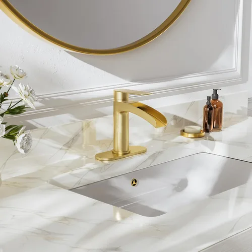 Miniatura 2 de Phiestina Grifo de cascada de una sola manija para lavabo de baño en acabado dorado cepillado, con placa de cubierta de 6 pulgadas, montaje de Oro