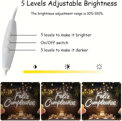 Miniatura 6 de Letrero de neón personalizado con texto en inglés «Feliz Cumpleaños», luz LED de pared para cumpleaños, decoración de fiestas, patio trasero