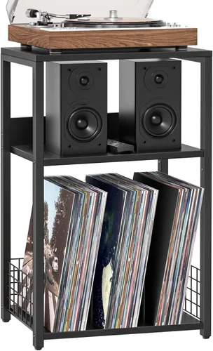 LELELINKY - Soporte grande para tocadiscos negro de 18" de ancho, mesa auxiliar de 3 niveles con almacenamiento para vinilos hasta 130 álbumes,
