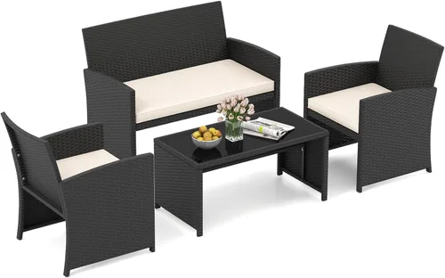 Miniatura 21 de HAPPYGRILL Juego de 4 muebles de mimbre para exteriores con mesa de centro de vidrio templado, cojines suaves, juego de sillas de ratán resistentes
