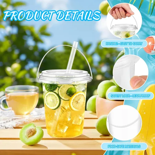 Miniatura 5 de 30 juegos de cubos de bebida de 34 onzas con tapas y pajitas, vasos desechables de plástico transparente con asas para ron, café helado, batidos