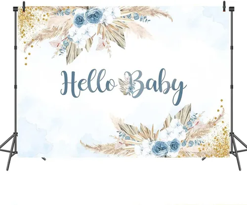 Miniatura 3 de Mocsicka Telón de fondo bohemio para baby shower para niños, tema de Hello Baby Boho Chic Flores Azules, Fondo de fotografía Bohemio Baby Shower