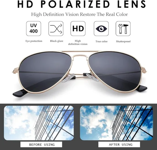 Miniatura 4 de NULOOQ Gafas de sol polarizadas de aviador para niños, niñas y adolescentes de 2 a 16 años, marco de metal, lente espejada de 1.969in y 2.047in