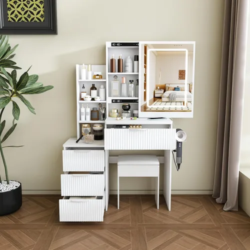 Miniatura 12 de Escritorio de tocador con espejo de luz LED, mesa de tocador de maquillaje con taburete, 5 cajones, soporte para secador de pelo, toma de corriente