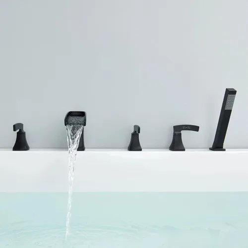 Miniatura 9 de Grifo de bañera romana, grifo de bañera en cascada, grifo de bañera negro de montaje en cubierta, 5 agujeros, grifos de baño de latón con ducha