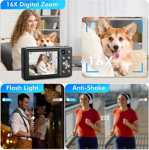Miniatura 5 de Cámara digital 4K, cámara de videoblogs de 64 megapíxeles con enfoque automático y lente dual, zoom digital 16X, cámara compacta de YouTube