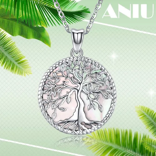 Miniatura 6 de Aniu Tree of Life Necklace for Women, 925 Sterling Silver Mother of Pearl Family Palm Tree Charm Pendant Jewelry for Birthday Christmas Gift