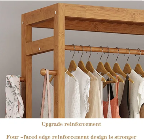 Miniatura 3 de Perchero de madera independiente para ropa, con 2 estantes de almacenamiento y 4 ganchos, ideal para almacenamiento de ropa de dormitorio