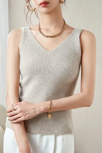Miniatura 4 de LINY XIN Chaleco de punto 100 % lana merino para mujer, con cuello en V, sin mangas, liso, clásico