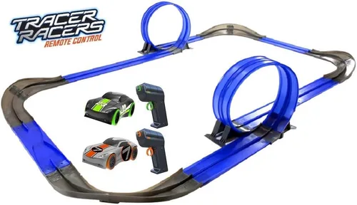Miniatura 2 de Juego de pista de carreras con control remoto inalámbrico que brilla en la oscuridad de alta velocidad con dos autos para carreras duales, azul
