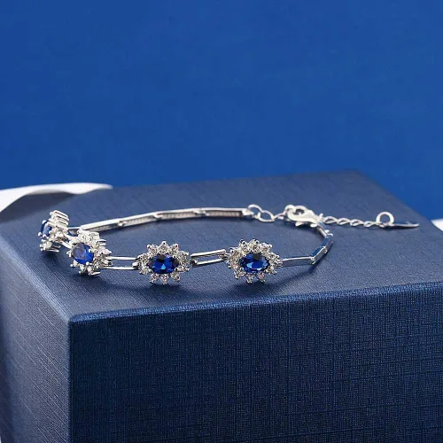Miniatura 4 de Gem Stone King Pulsera de tenis de plata de ley 925 con zafiro simulado para mujer (2.36 quilates, 7 pulgadas con extensor de 1 pulgada), Metal