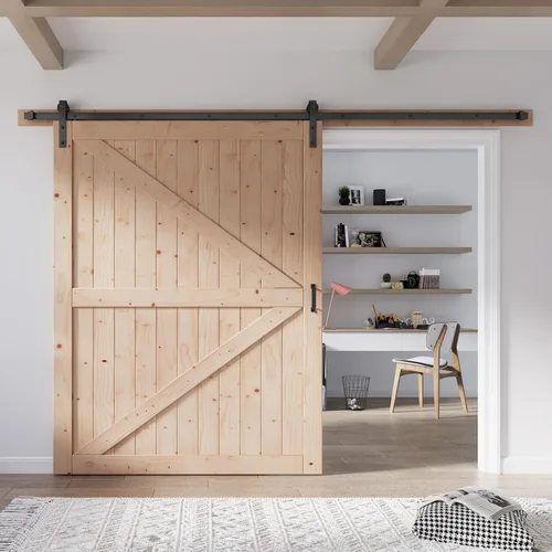 Miniatura 30 de FREDBECK - Puerta de granero de madera de 48 x 84 pulgadas con kit de herrajes para puerta de granero de 8 pies incluido, forma K, panel de abeto
