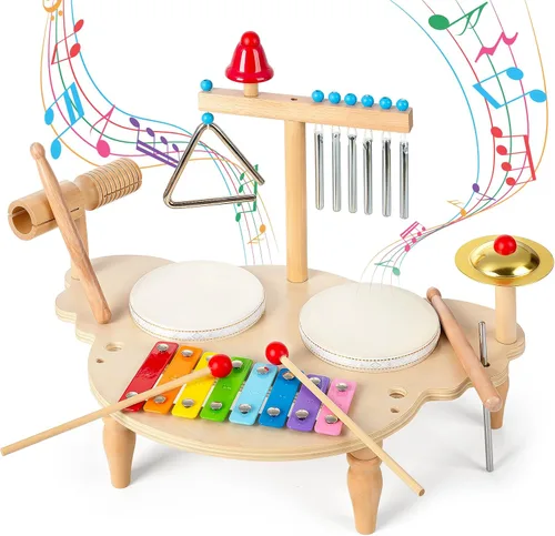 Juego de batería para bebés de 1 a 3 años, instrumentos de percusión musical de madera con xilófono, batería para niños, juguetes educativos de