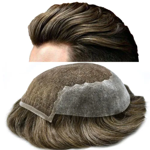 Miniatura 52 de Toupee para hombres, sistema de reemplazo de cabello humano Remy, nudos blanqueados, encaje frontal, piel fina, para hombre, color gris, pelucas