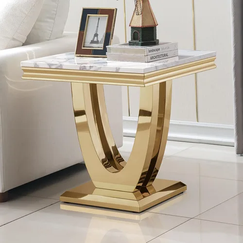 Miniatura 26 de Mesa de centro de mármol negro Henf de lujo, mesa auxiliar rectangular de mármol sintético de imitación con base de acero inoxidable dorado