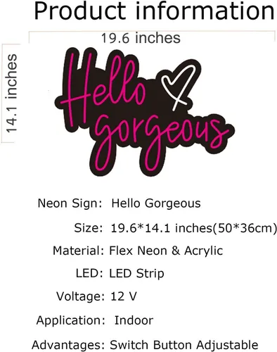 Miniatura 6 de Letrero de neón con texto en inglés «Hello Gorgeous Neon Sign» para regalo – Bar Pub Club Rave Apartment Decoración del hogar para fiesta de Navidad